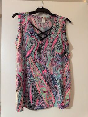 Sew In Love Paisley Crisscross V-Neck Tank - Pink, Aqua, Black